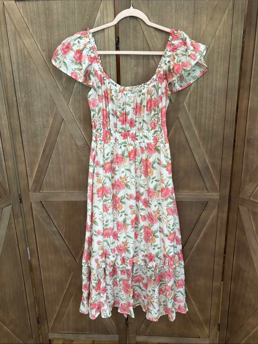 Floral Long Summer Dress in white with pink & green - medium